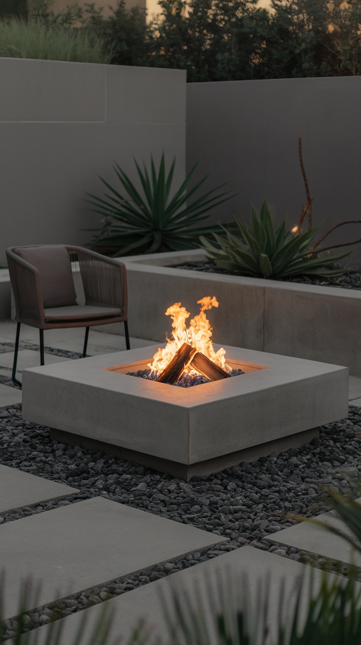 A minimalist fire pit surrounded by stone pavers and plants, featuring a modern design.