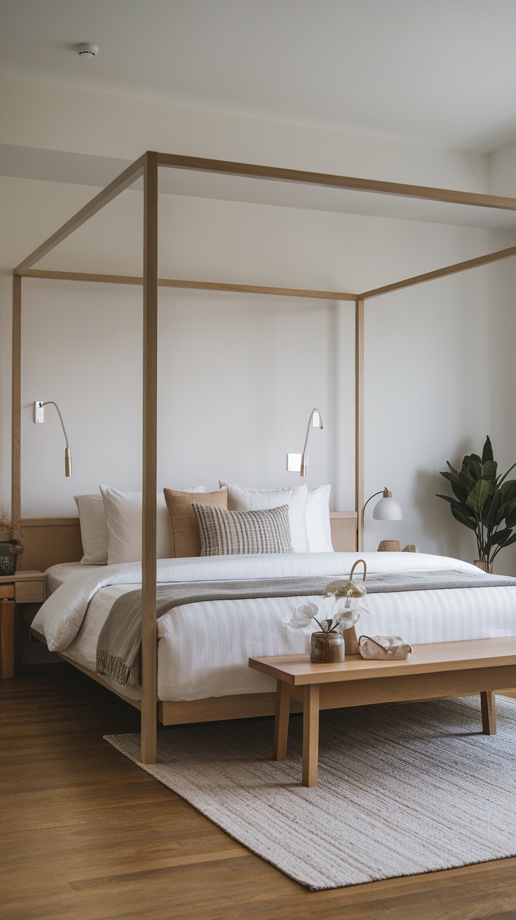 A modern minimalist canopy bed featuring a wooden frame, soft bedding, and simple decor.