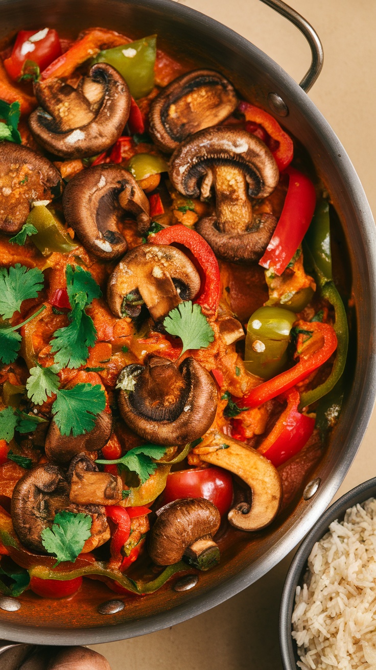 A pan of mushroom and peppers curry with cilantro on top, served alongside a bowl of rice.