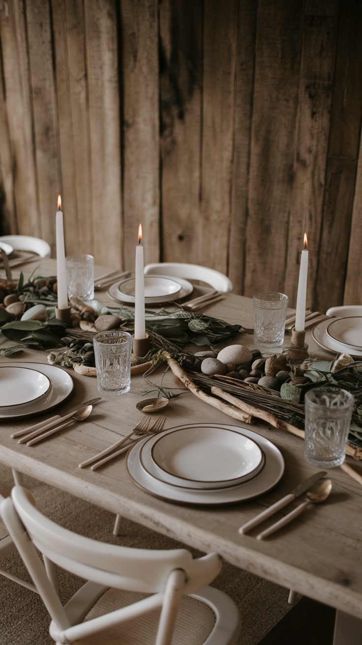 A beautifully set dining table featuring natural elements like stones, greenery, and candles.