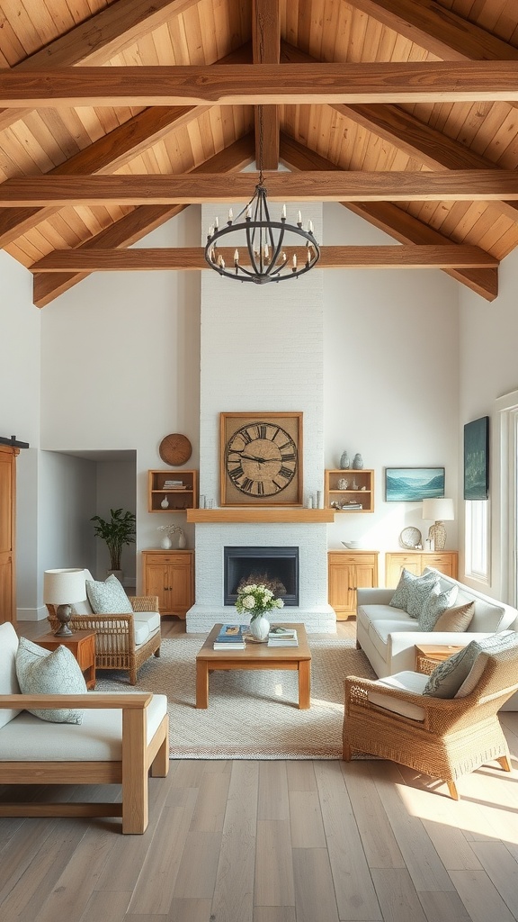 A coastal living room featuring natural wood elements and a light, airy design.