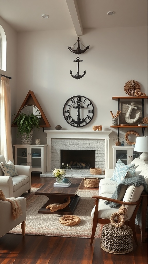 A cozy living room with nautical decor featuring anchors, a ship wheel clock, and woven textures.
