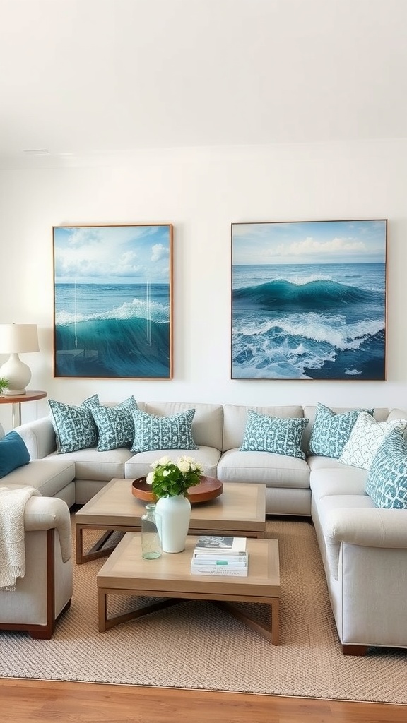 Cozy coastal living room with ocean-inspired artwork and blue accents