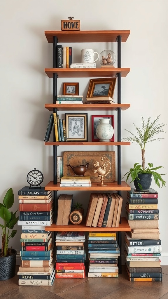 A creative shelving unit made from stacked vintage books and decorative items.