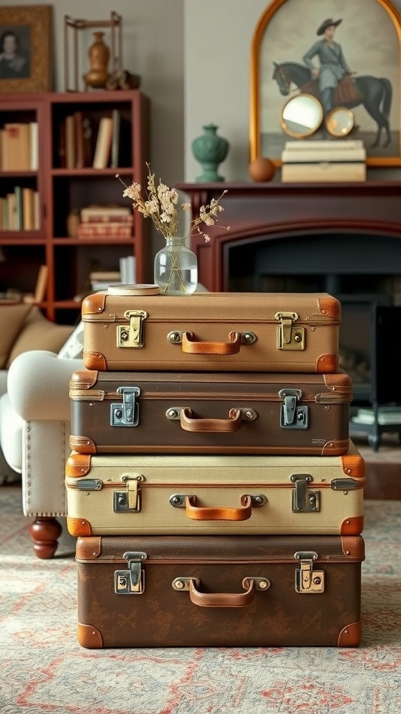 A stack of vintage suitcases used as a unique side table in a cozy living room.