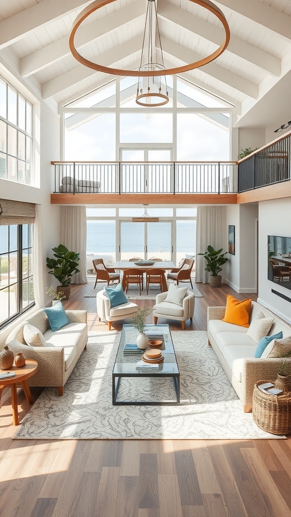 Coastal living room with open layout featuring large windows, high ceilings, and modern furniture.