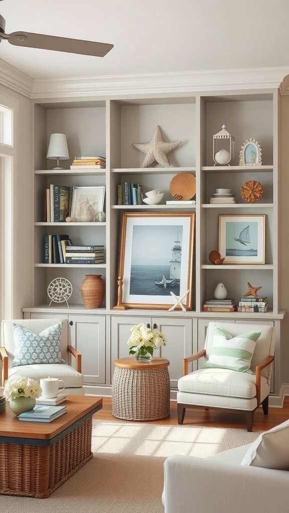 Open shelving in a coastal living room displaying books, decorative items, and nautical decor