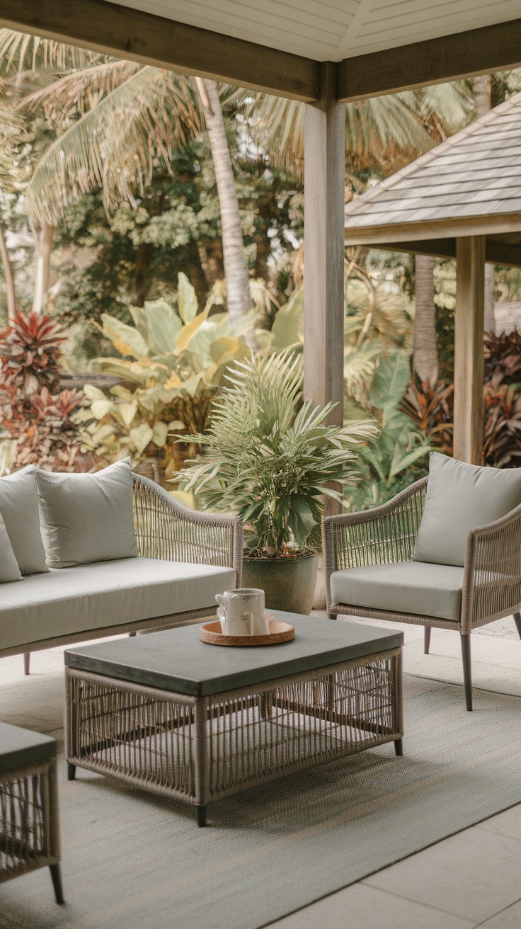 Tropical outdoor living space with comfortable seating and plants