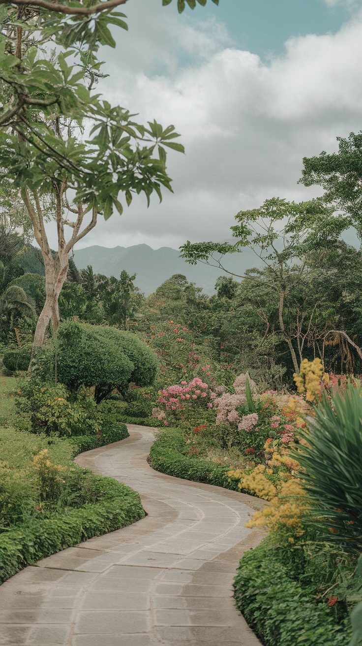 Winding stone pathway surrounded by tropical plants and flowers