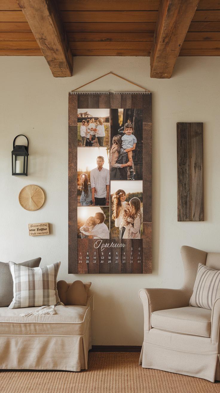 A personalized calendar hanging on a wall, featuring family photos.