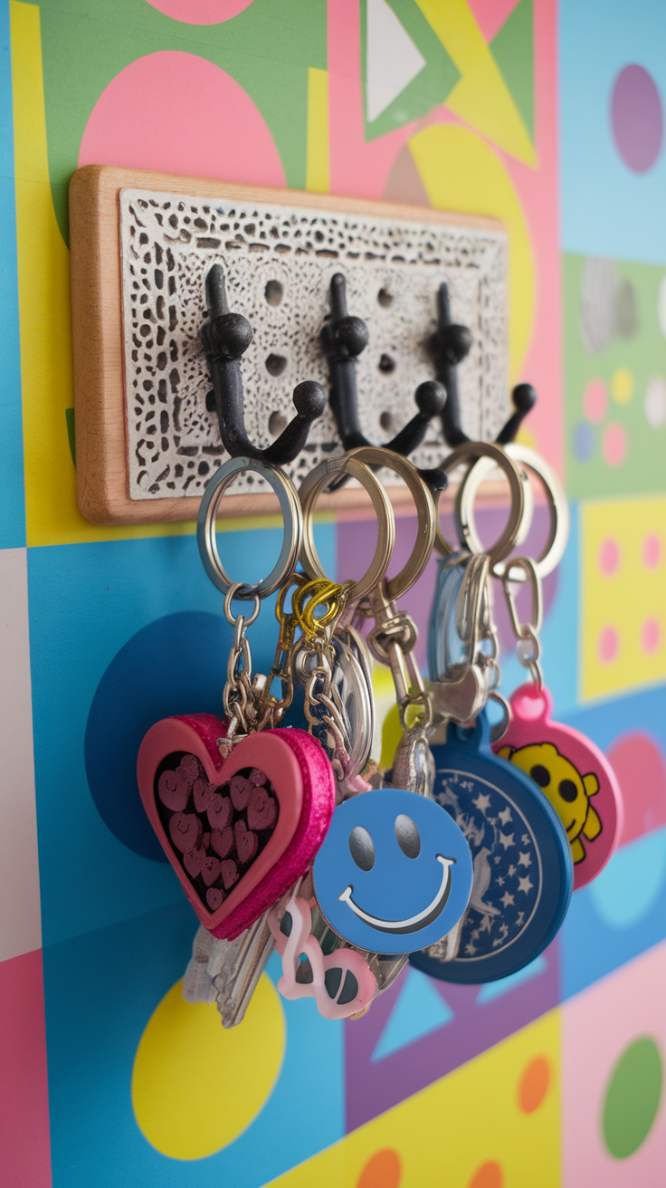 A collection of colorful and playful keychains hanging on a wall