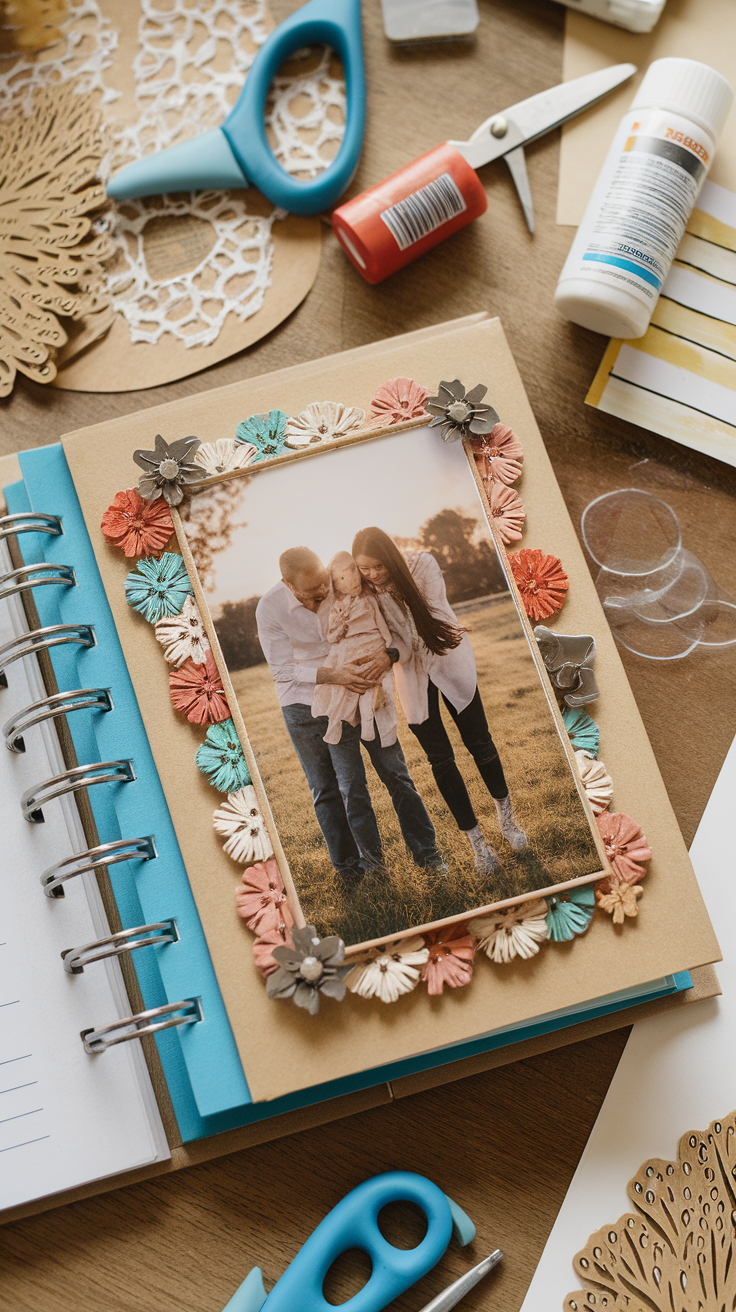 A personalized photo album with a family photo surrounded by decorative flowers and crafting supplies.