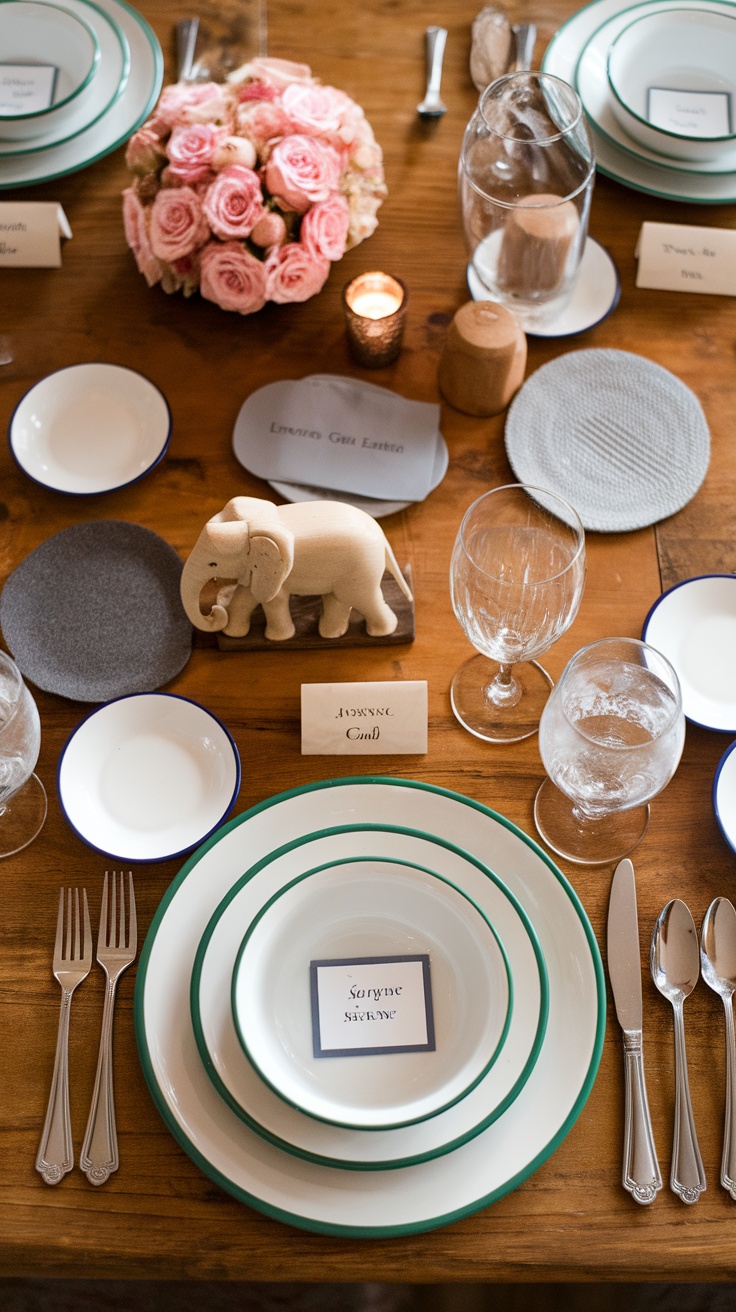 A beautifully set dining table with personalized place settings, featuring name cards, elegant dishes, and floral arrangements.