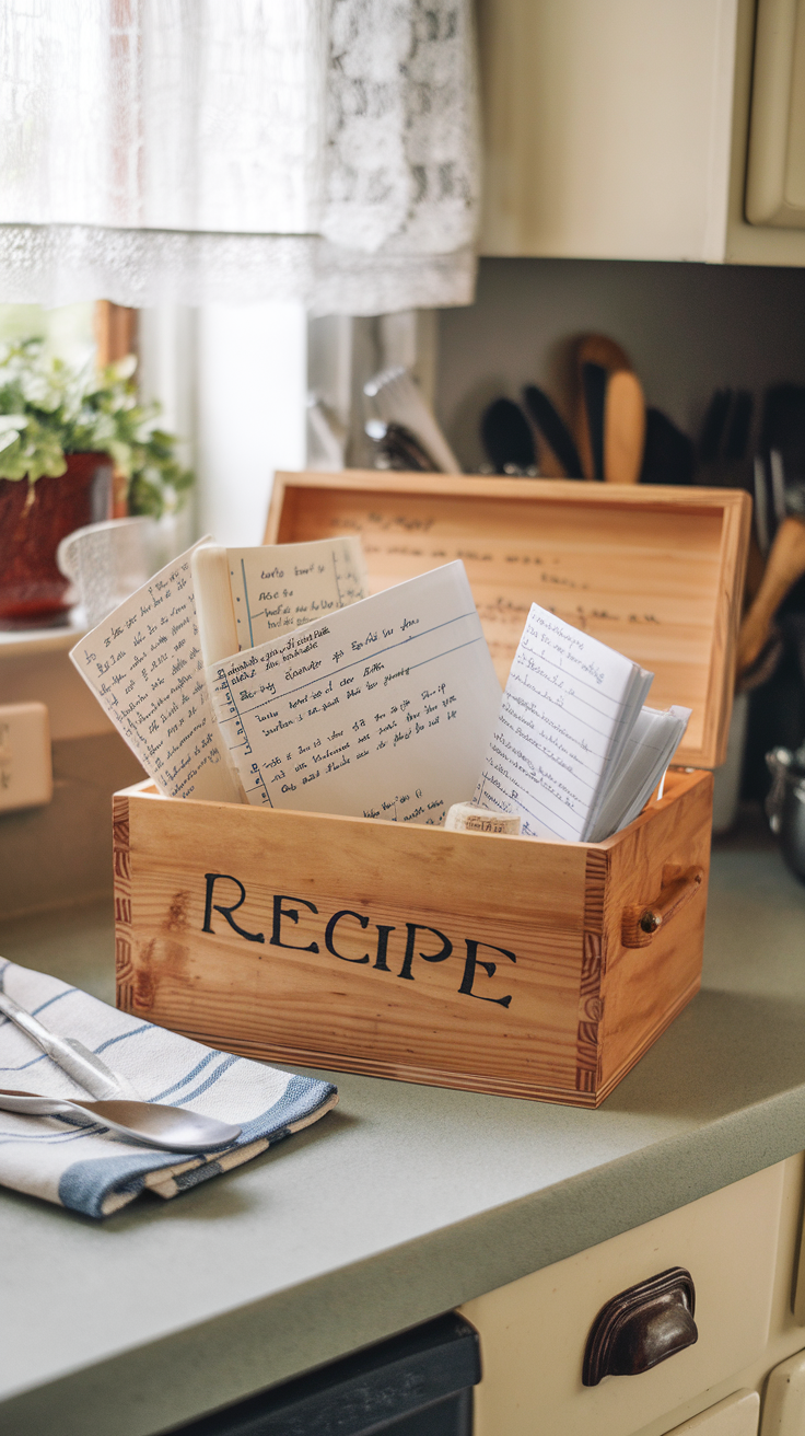 A wooden recipe box filled with handwritten recipes on a kitchen counter.