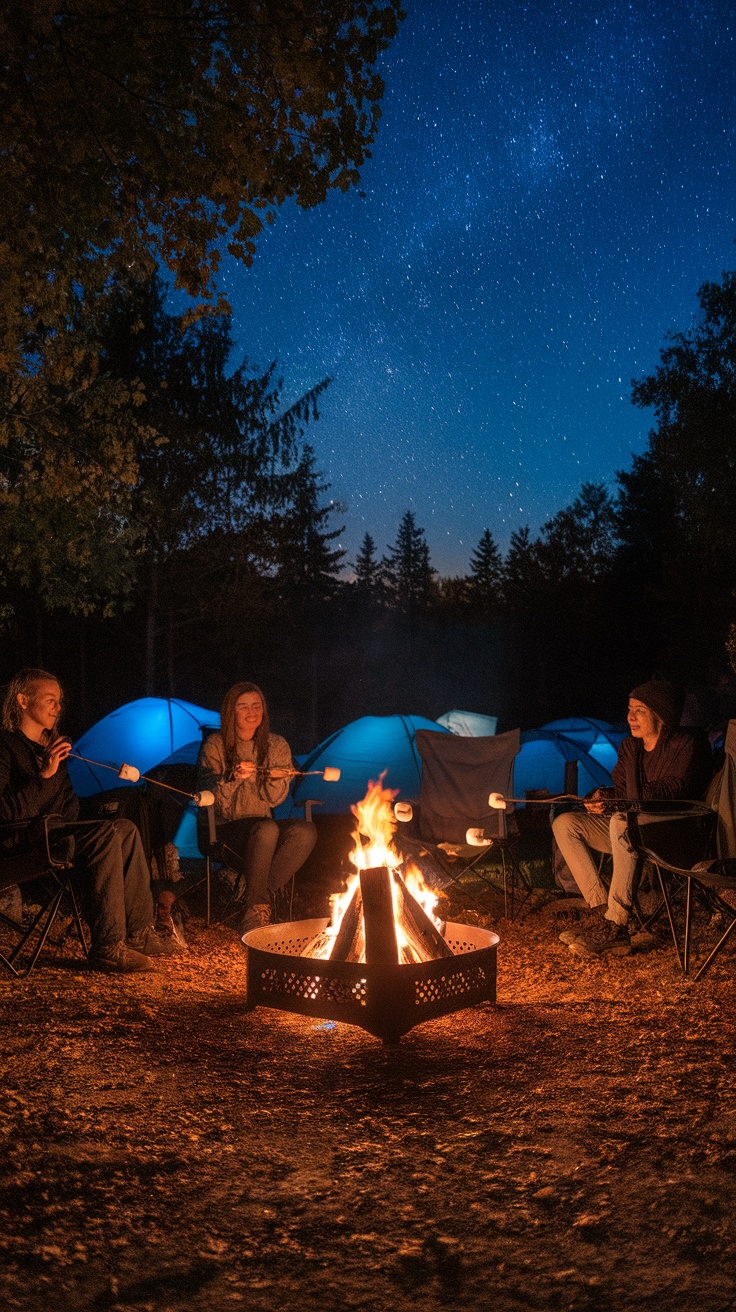 A group of people around a portable fire pit enjoying a camping night, with tents in the background.