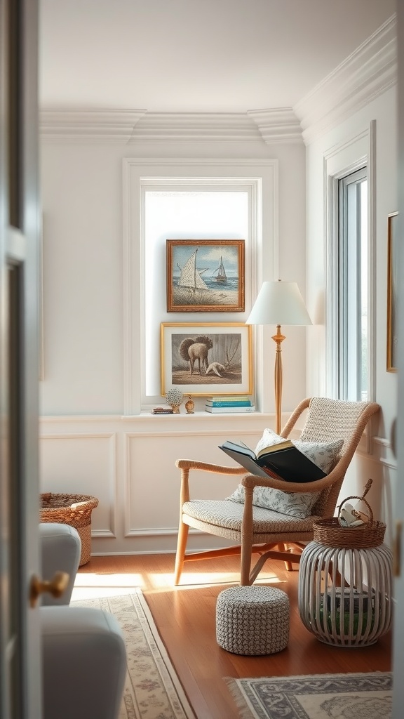 A cozy reading nook featuring a woven chair, decorative coastal artwork, and soft natural light.