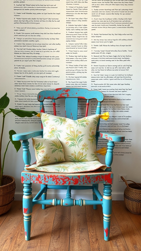 A repurposed chair with a blue and red paint design and floral cushions, positioned in front of a wall with printed text.