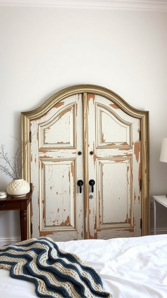 Antique door headboard with a decorative blanket on the bed.