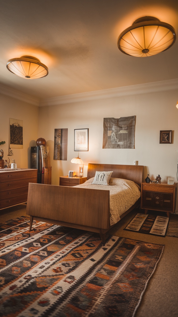 A vintage bedroom featuring retro lighting fixtures and warm decor.