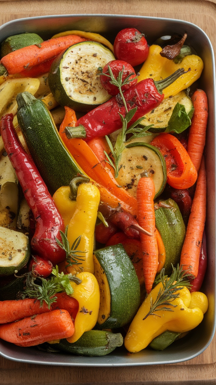 A medley of roasted vegetables including zucchini, bell peppers, and carrots in a baking tray.