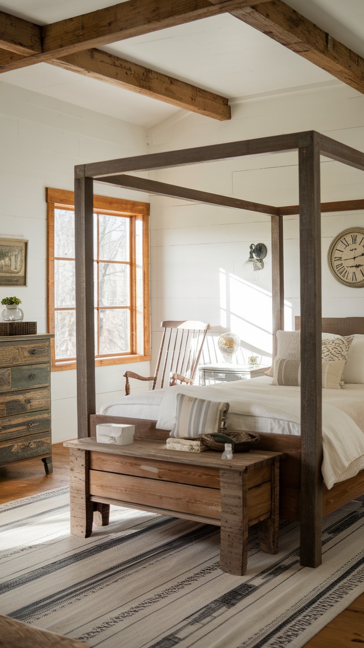 Rustic farmhouse canopy bed in a cozy room with natural light and wooden accents.