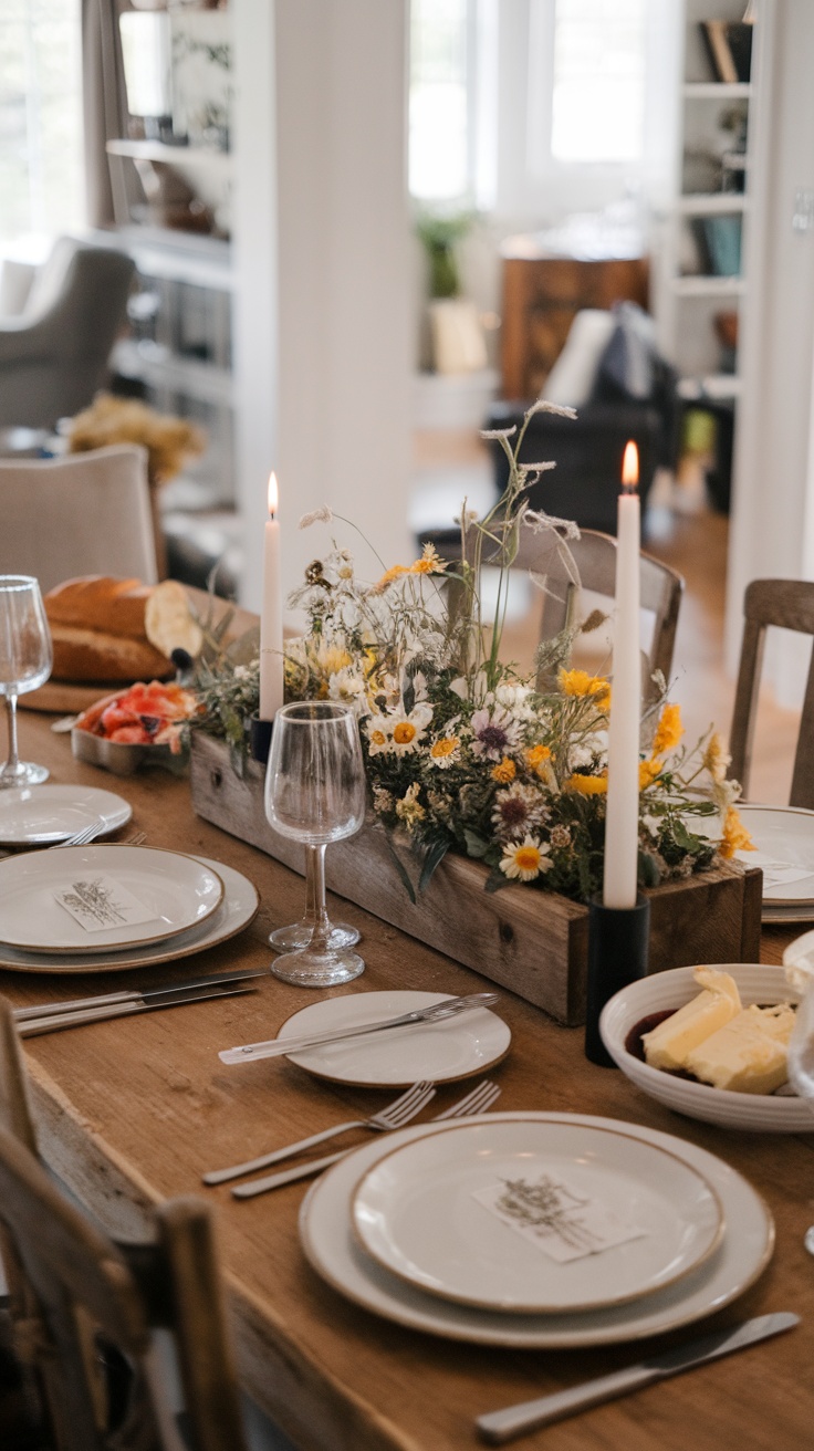 A rustic dining table set with plates and a centerpiece of flowers and candles