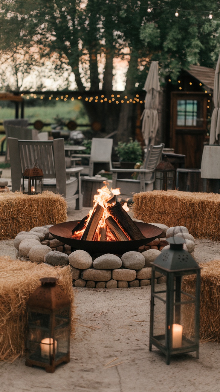 Rustic fire pit surrounded by stones and hay bales in a cozy backyard setting.