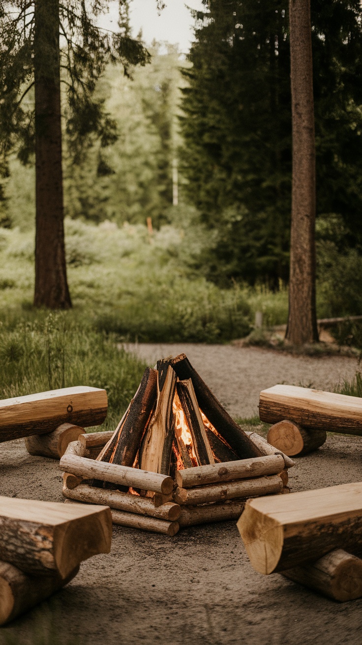 A rustic wooden fire pit surrounded by log seating in a forest setting.