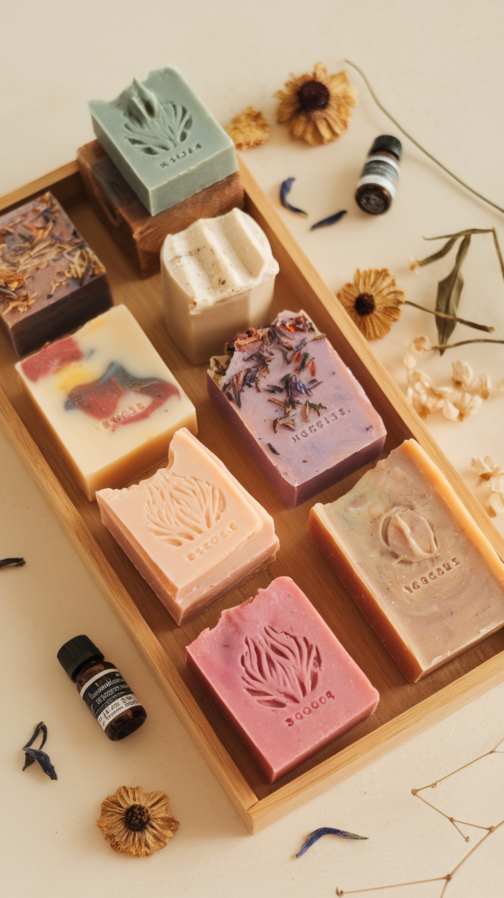 A wooden tray displaying a variety of colorful scented soap bars, surrounded by dried flowers and a small essential oil bottle.