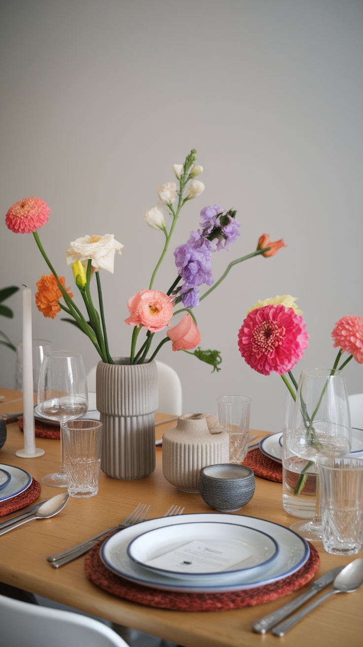 A dining table set with colorful floral arrangements in stylish vases.