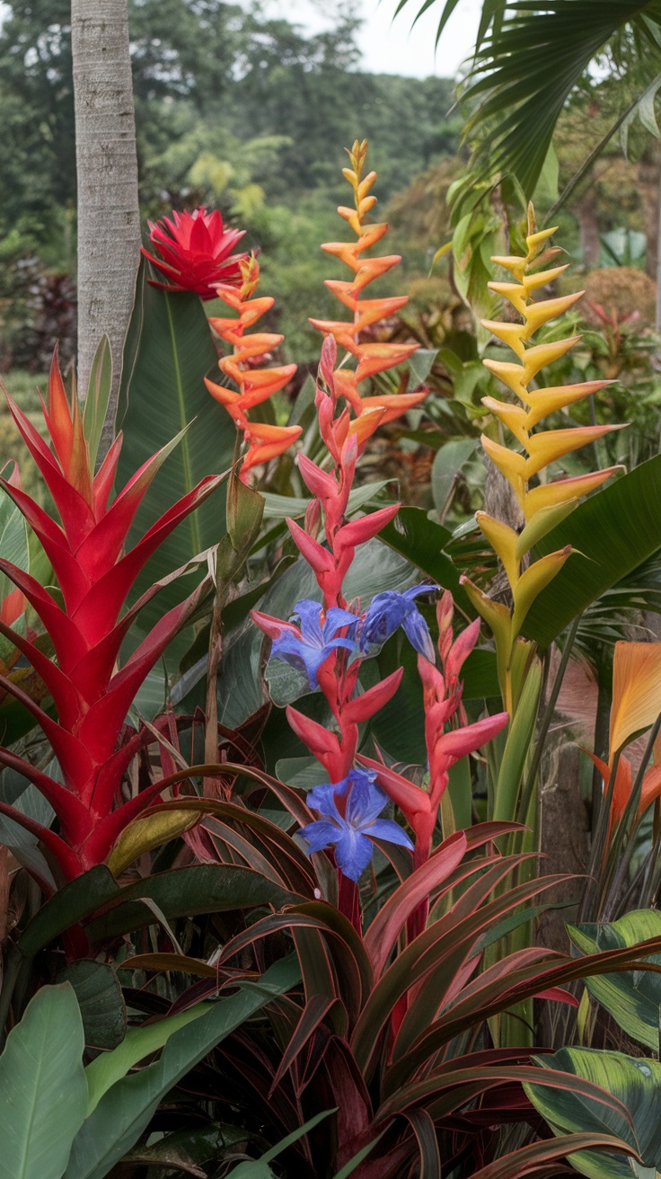 Colorful tropical plants with red, orange, yellow, and blue flowers