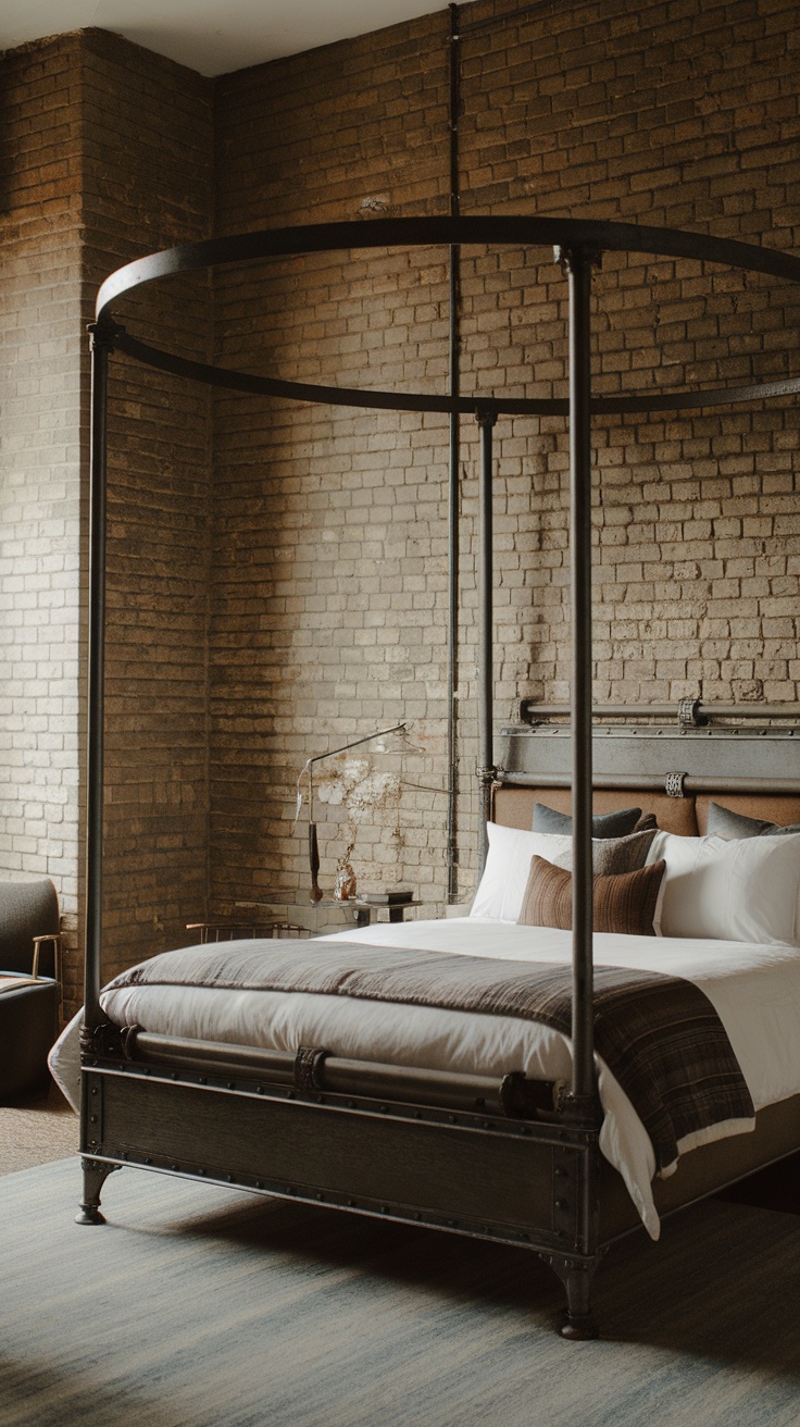 Industrial styled canopy bed with metal frame and cozy bedding