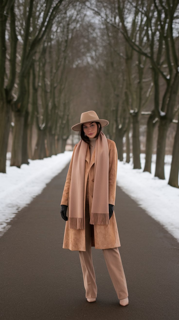 A woman wearing a stylish suede outfit with a hat and scarf, standing on a snow-lined pathway.