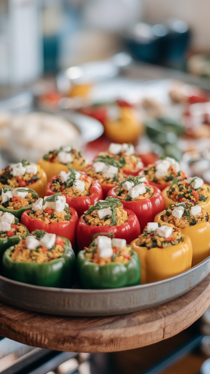 A platter of stuffed bell peppers filled with rice and feta cheese.