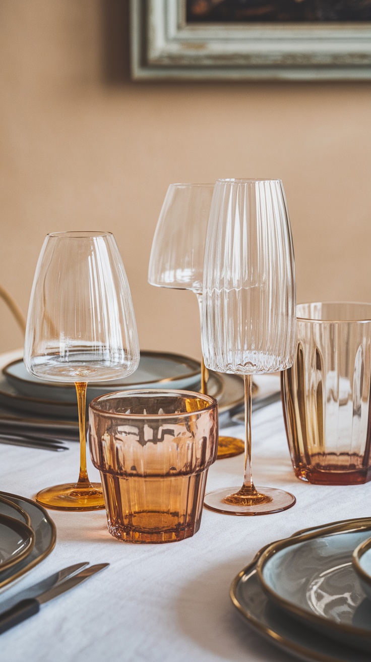 A collection of stylish glassware displayed on a dining table with elegant plates.