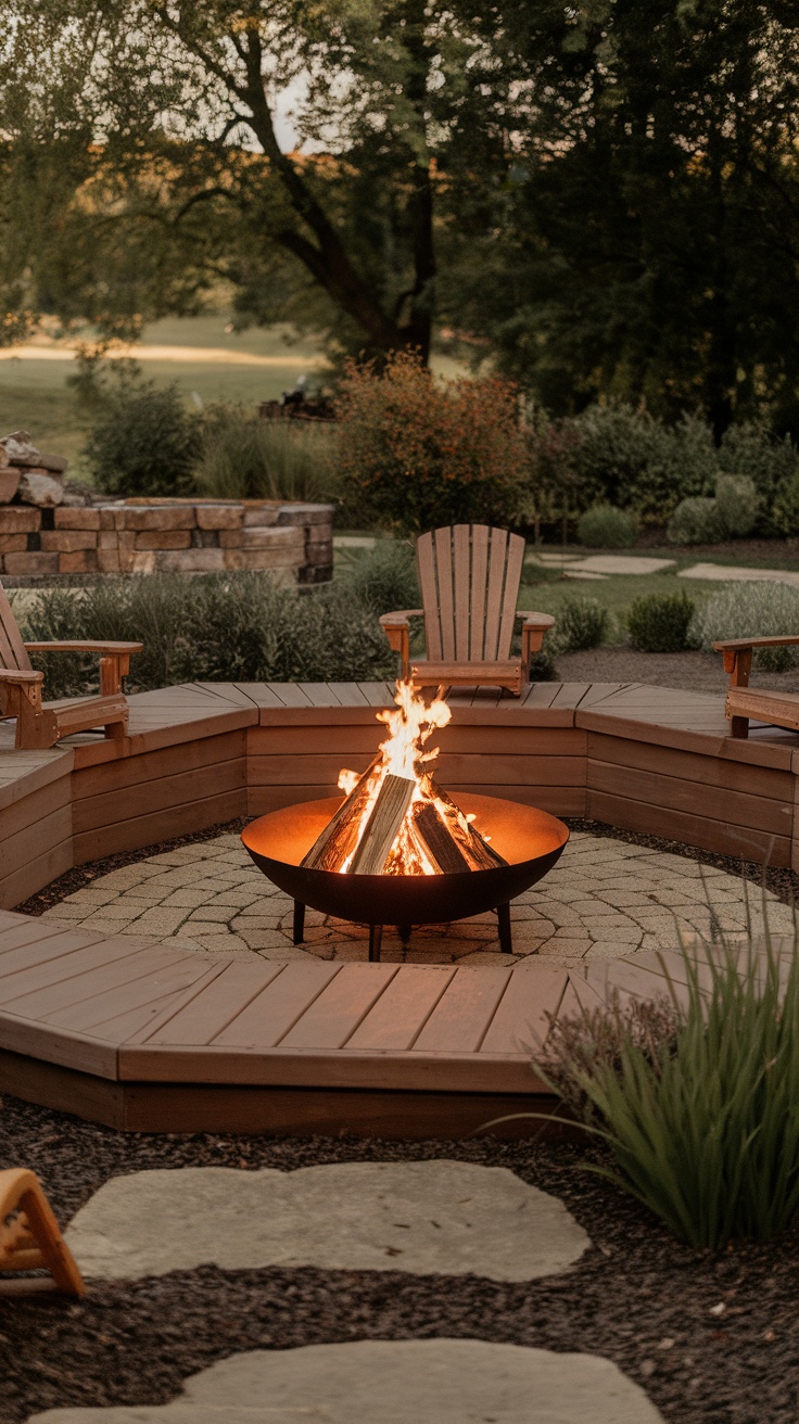 A sunken fire pit surrounded by wooden chairs and a landscaped garden.