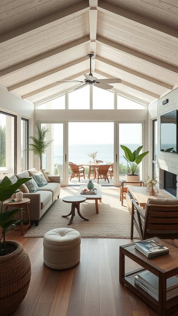 A bright coastal living room with wooden beams, natural light, and eco-friendly furniture, overlooking a beautiful ocean view.