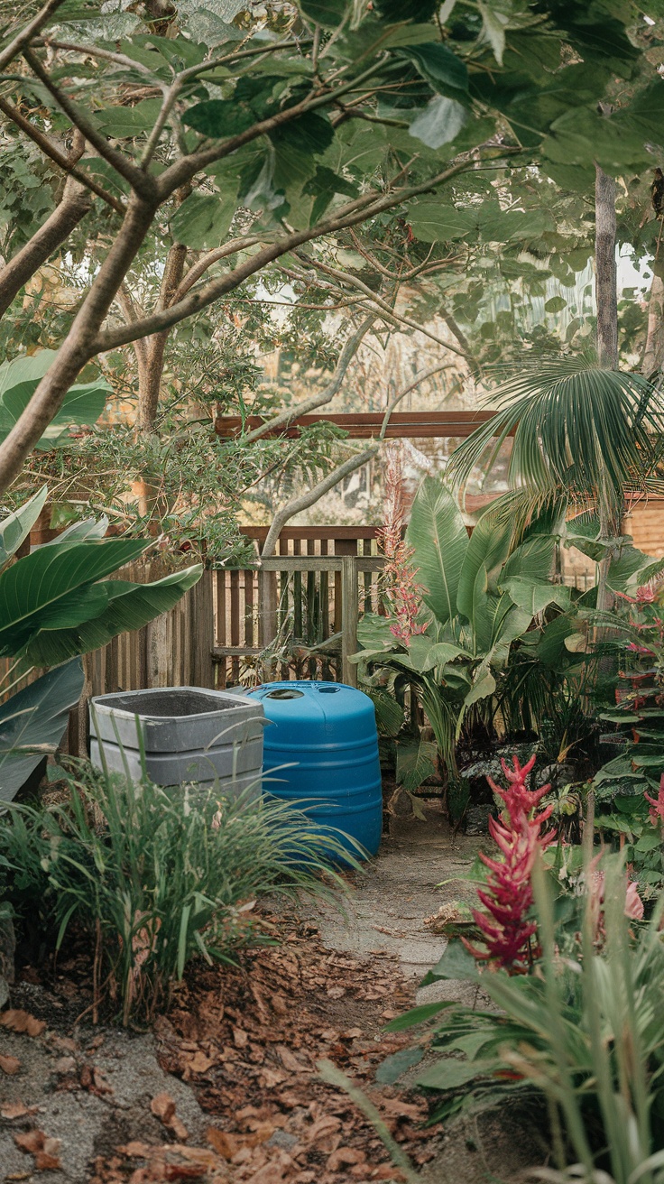 A lush tropical garden with a blue rain barrel and various plants.