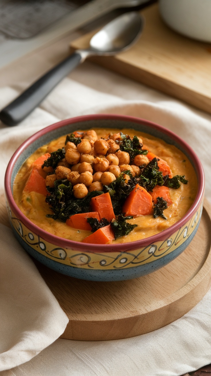 A bowl of sweet potato and kale curry topped with chickpeas, set on a wooden surface.