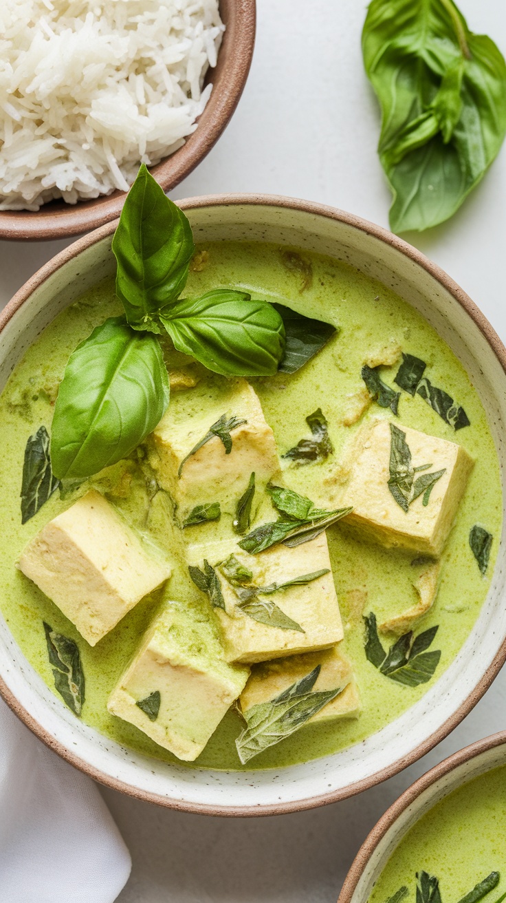 A bowl of Thai green curry with tofu and rice, garnished with basil leaves.