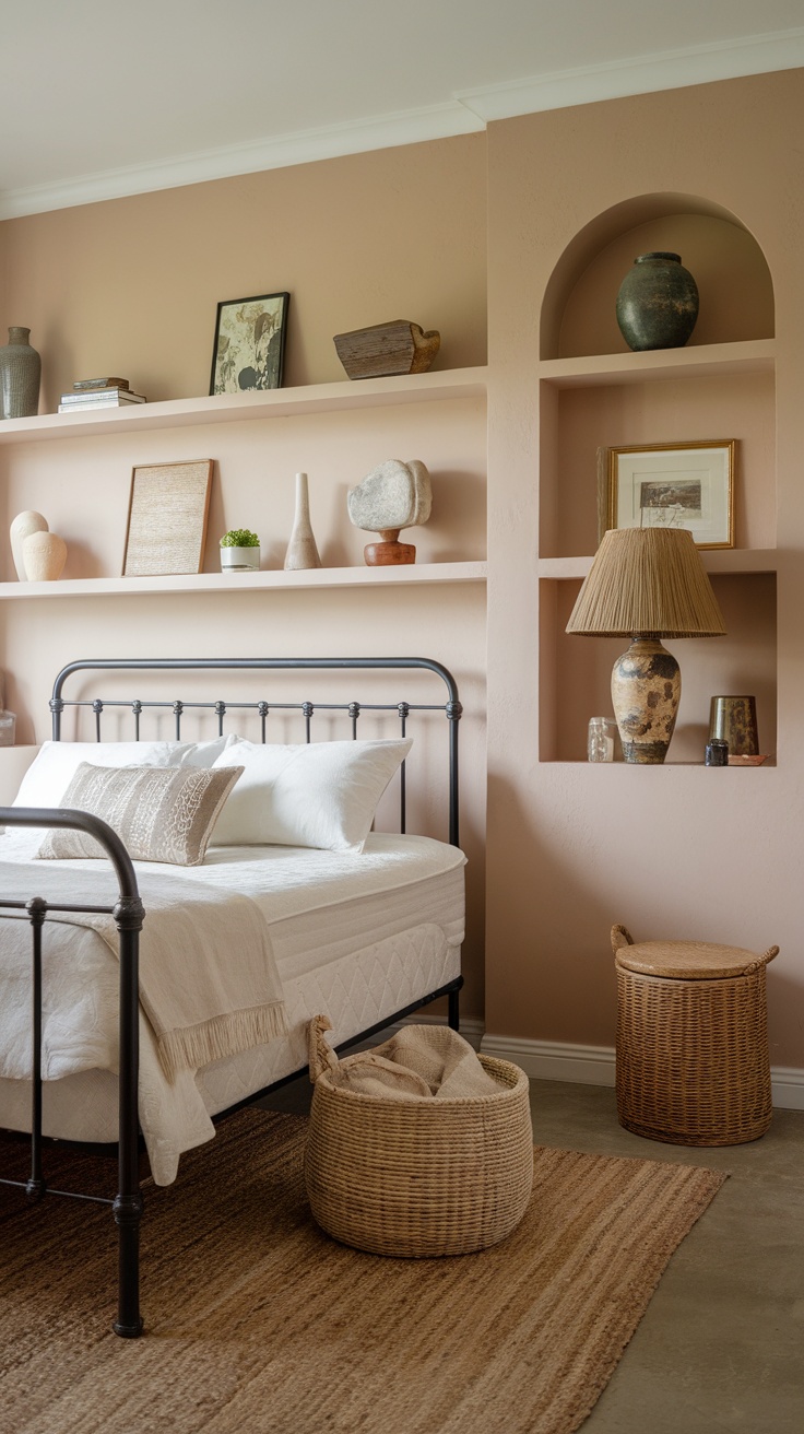 A cozy vintage bedroom featuring soft blush walls, a metal bed frame, and natural decor.