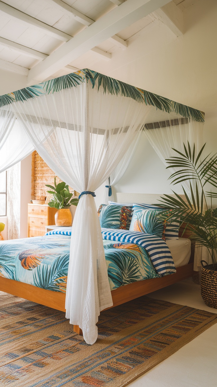 Tropical canopy bed with colorful bedding and sheer curtains in a bright room.