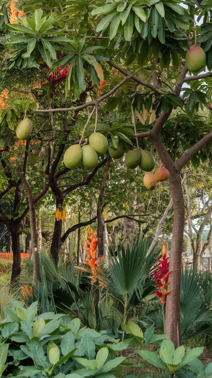 Tropical garden featuring mango trees and colorful flowers