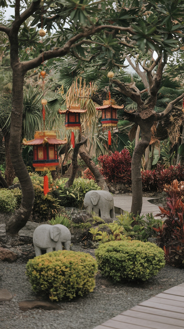 A tropical garden featuring colorful lanterns and stone elephant sculptures amidst lush greenery.