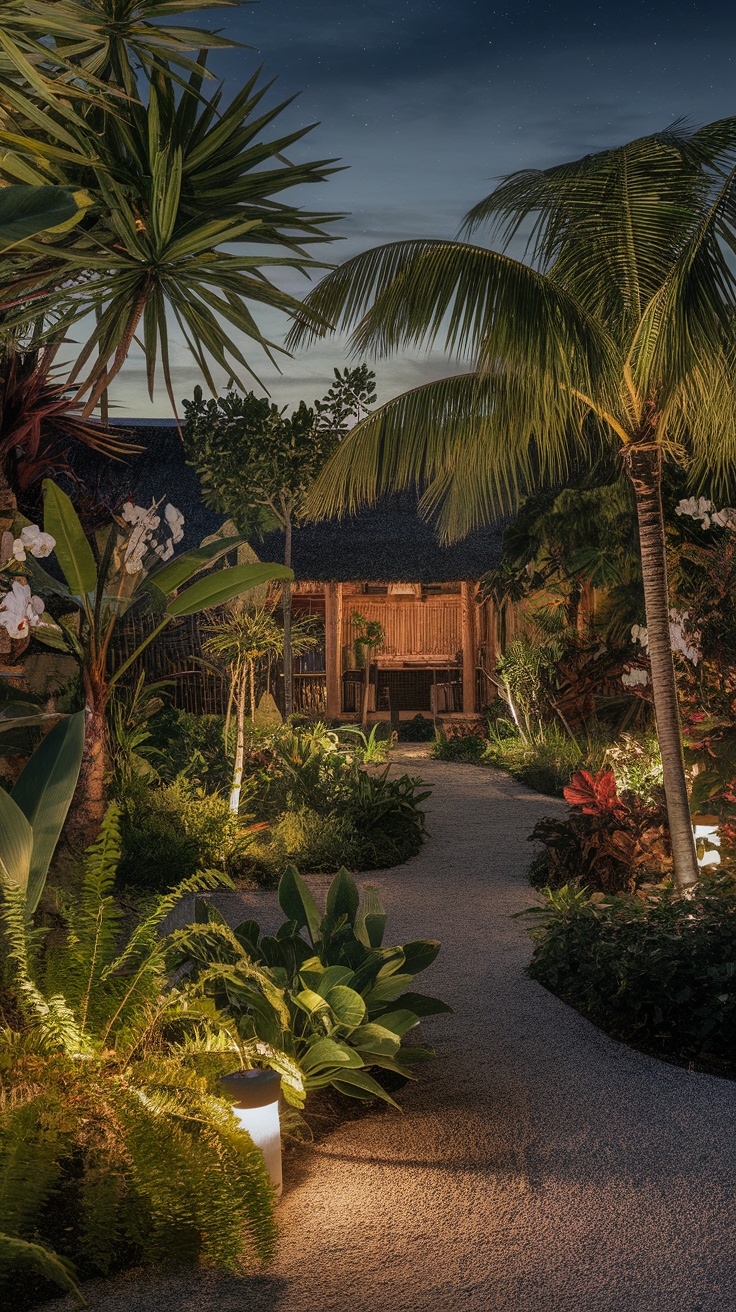 A beautifully lit tropical garden with pathways and lush greenery