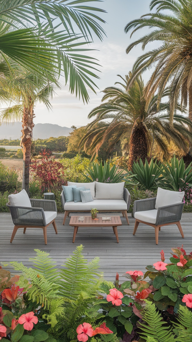 A cozy outdoor seating area with tropical style furniture surrounded by lush plants.