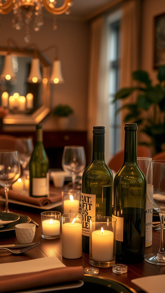 Wine bottles used as candle holders surrounded by lit candles on a dining table.