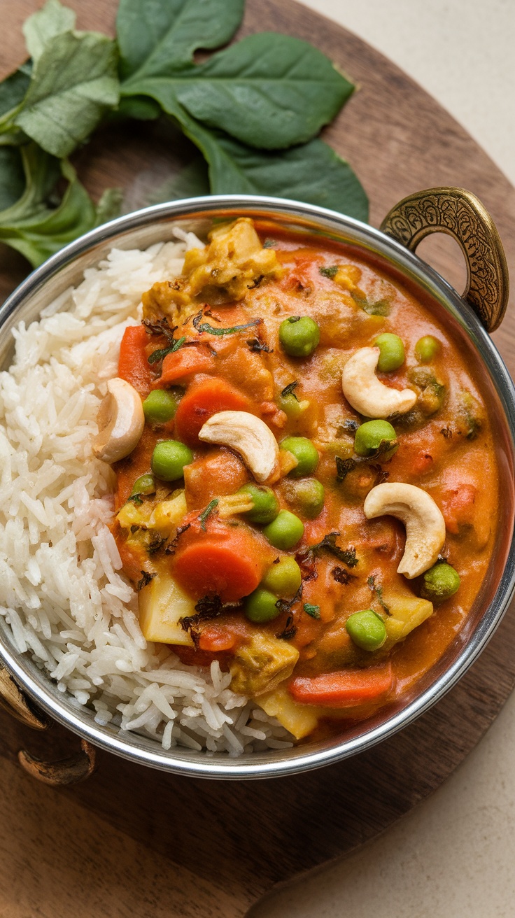 A bowl of Vegetable Korma with cashews served over rice, garnished with green peas and carrots.