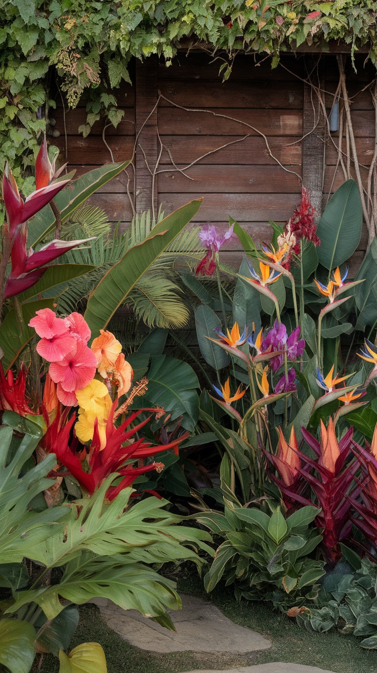 A vibrant tropical garden featuring colorful flowers and lush green plants.