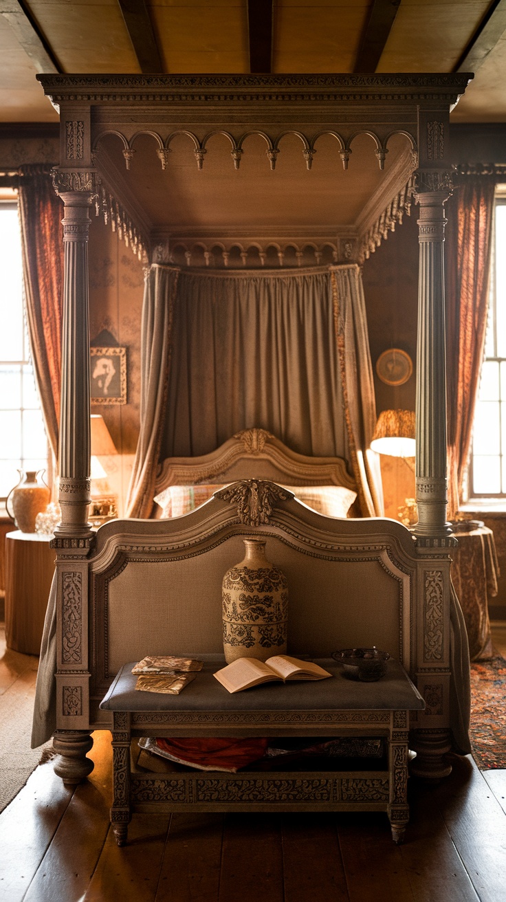 Vintage canopy bed with intricate details and warm lighting.